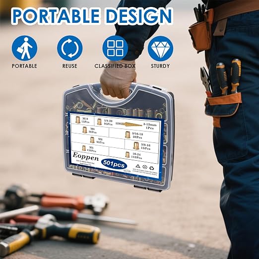 Rivet Nut Tool Kit, 14 Inch Rivnut Tool Kit with 8 Metric and SAE Mandrels (M5, M6, M8, M10, 1/4-20, 5/16-18, 3/8-16) and 500Pcs Rivet Nuts with a Step Drill Bit and Rugged Carrying Case