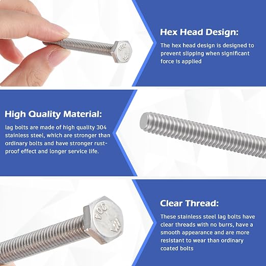 Zonon 50 Pcs 1/4-20 x 2-1/2" Hex Head Screw Bolt 18-8 (304) Stainless Steel Hexagon Bolts, Fully Threaded, Plain Finish, External Hex Drive (Silver)