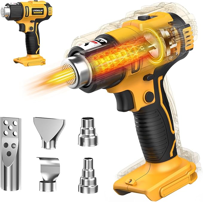 LIVOWALNY Cordless Heat Gun Compatible with Dewalt 20v Battery (Tool Only), 350W Fast Heating Soldering Hot Air Gun 122℉-1022℉ Variable Temperature Control with 5 Nozzles for DIY Craft, Shrink Tubing