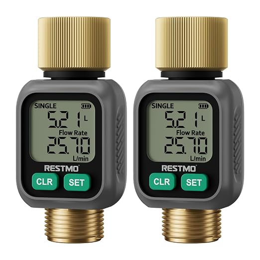 [2 Pack] RESTMO Water Flow Meter with Dual Zone Display Screen, Brass Inlet & Outlet Water Meter, ±4% Accuracy, Measure Gallon/Liter Consumption and Flow Rate for RV, Garden Hose, Sprinkler & Nozzle