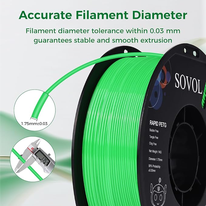 Sovol 3D Printer Rapid PETG Filament 1.75mm 1KG (2.2lbs), High Precision, Strong Toughness, Wiring Tightness, Dimensional Accuracy +/- 0.03 mm, 3D Printing High Speed PETG Filaments, Grass Green