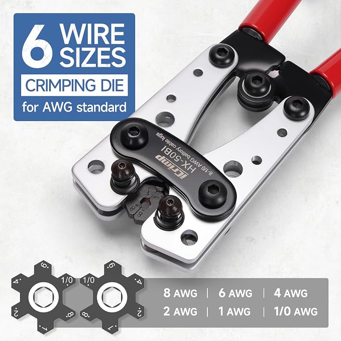 iCrimp Battery Cable Lug Crimping Tool Kit with Wire Cutter & Stripper for 8-1/0 AWG - 63pcs Copper Lugs & 25pcs Heat Shrink Tubes