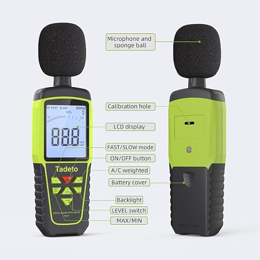 Decibel Meter, Tadeto Digital Sound Level Meter Portable SPL Meter 30dB to 130dB(5 Measurement Range) Backlight LCD Display, MAX/MIN Noise Measurement, Audible and Visual Alarms,Data Hold, A/C Mode