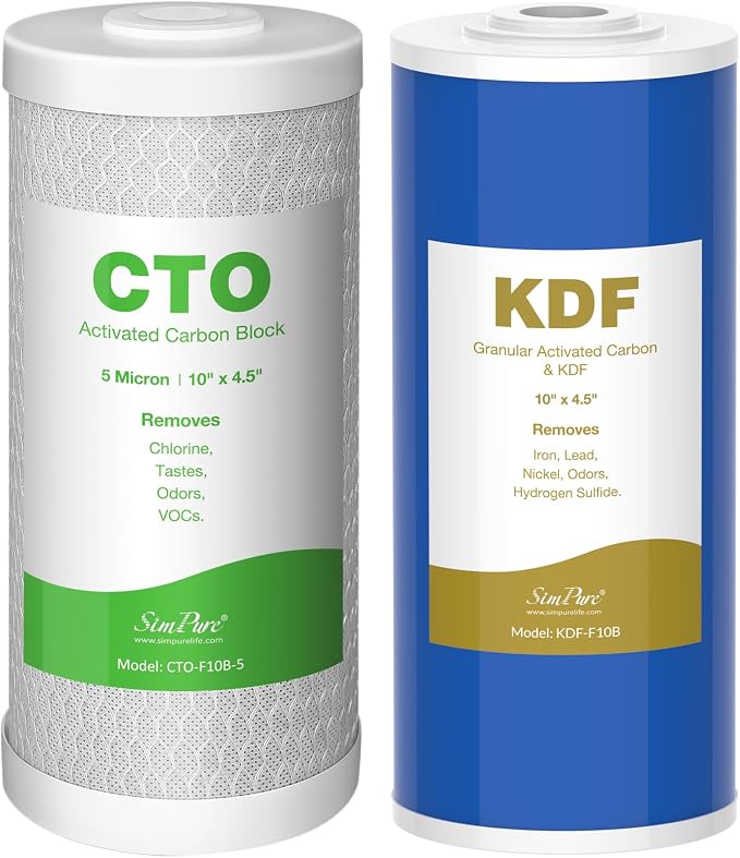 SimPure Whole House Water Filter Cartridges 5 Micron 10" x 4.5" CTO+GAC/KDF 2-Stage Carbon and Heavy Metal Filter Set, for DB10C-2KDF, DB10P, WGB21B-KS, FC15B, FG15B-KS, 1 Set
