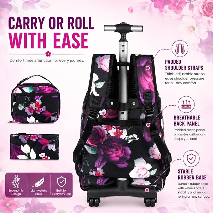 3Pcs Rolling Backpack for Girls Women, Travel Roller Backpacks with Wheels for Adults, Teens College Rose Wheeled Bookbag with Lunch Box(Black)