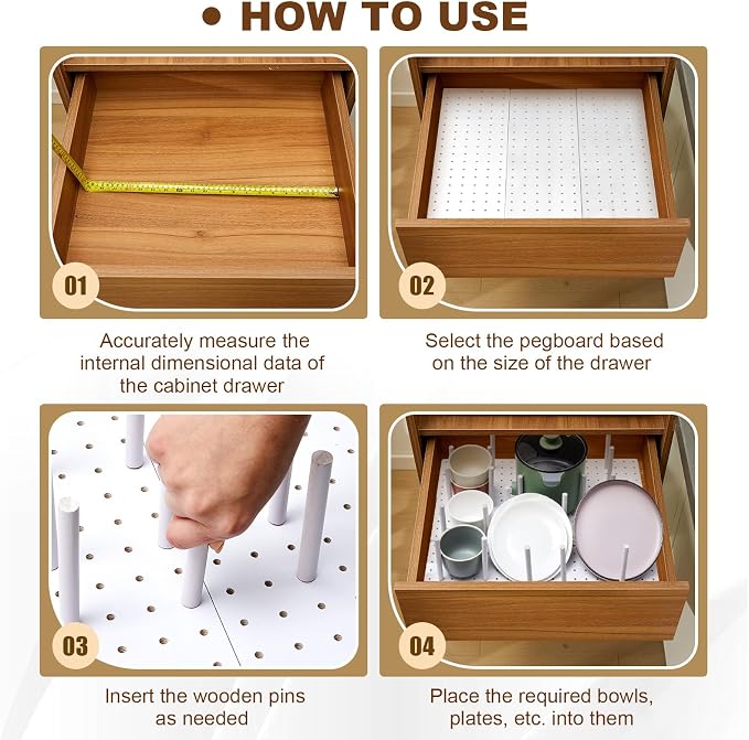 Kigley 6 Pcs Wood Pegboard Drawer Organizer with 48 Pegs Wooden Peg Board System Peg Drawer Organizers for Kitchen Dishes Plate Pegboard Food Containers(White,21x5.91,Pine)