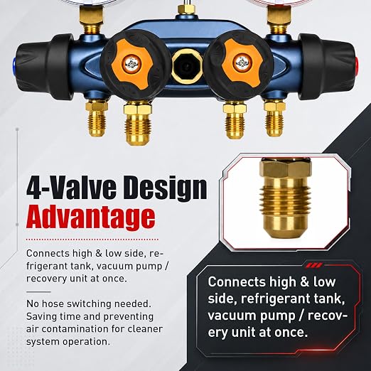 49974 A2L 4-Valve Test and Charging Manifold, 3-1/8" (80mm) Gauges for R-32/R454B/R410A, HVAC Manifold, Hoses Not Included