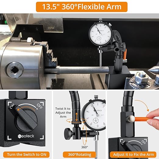 Neoteck 0-1"/ 0.001" Dial Indicator with 13.5" Flexible Arm 176lbs Max Pull Magnetic Base Dial Indicator Set Widely Used in 3D Printer and Automotive Maintenance