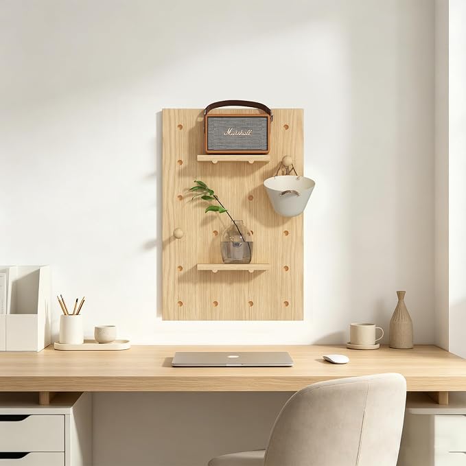 AMSXNOO Wood Pegboard Wall Organizer Panel, Wooden Pegboard Combination Wall Organizer Kit, Peg Board Panel Kits for Office Bedroom Livingroom Studyroom (Wooden Color, 40X60CM/15.7X23.6IN)