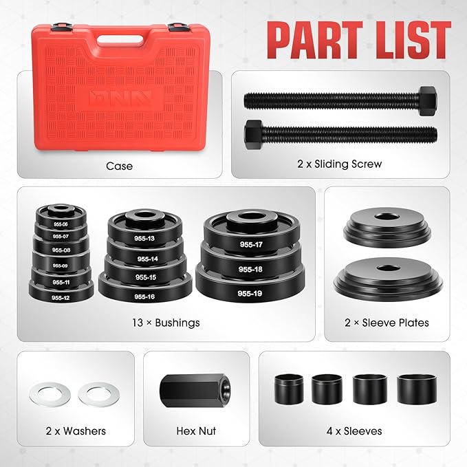 DNA Motoring 24pcs Front Wheel Bearing Press kit, Bearing Puller Tools Wheel Drive Bearing Removal Tool Kit with Sliding Screws Universal Bushings Sleeves Storage Case, TOOLS-00715