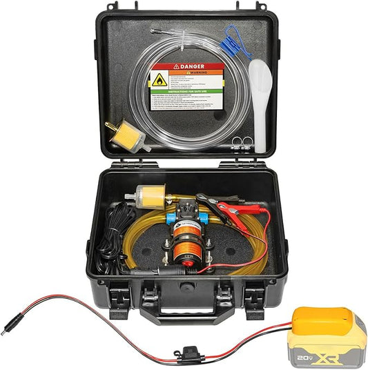 24V 85GPH Fuel Transfer Pump Set with Patented Pulley Lead Pipe & Battery Adapter, Compatible with DeWalt 20V Battery, for Vehicles, Boats (85GPH 24V, Pump with Yellow Adapter)