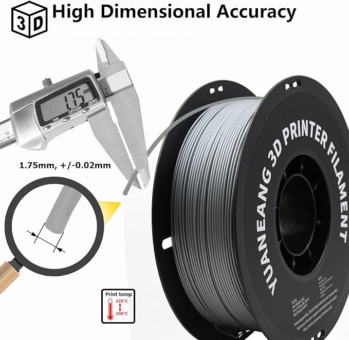 PETG 3D Printer Filament, Dimensional Accuracy +/- 0.03 mm, 1 kg Spool(2.2lbs), 1.75 mm, Silver