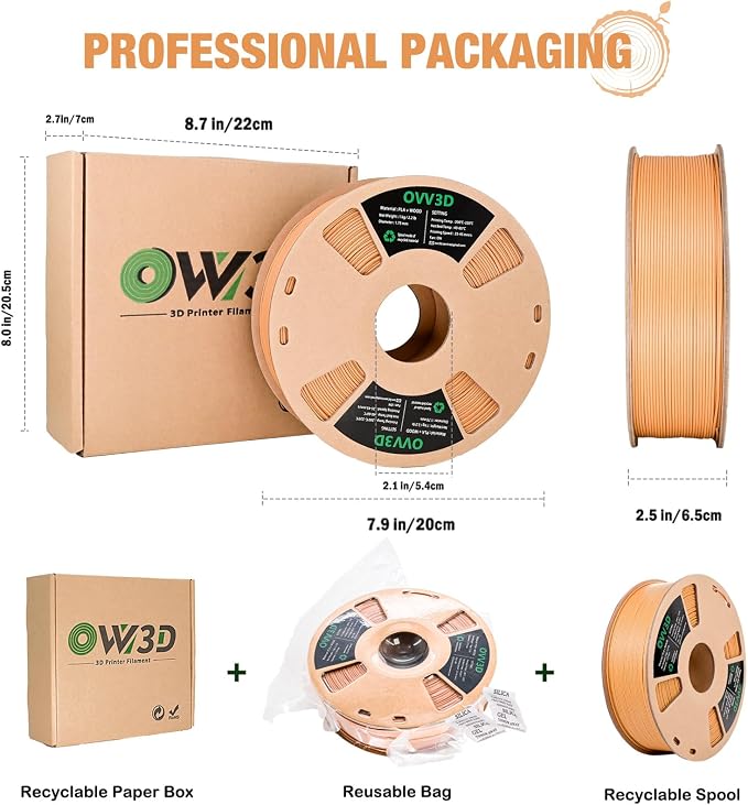 OVV3D PLA Filament 1.75mm, Wood 3D Printer Filament, Yellow Teakwood Filament Add More Than 30% Real WoodFiber, Matte and Frosted 3D Filament, 1.75 PLA Filament 3D Printing Filament