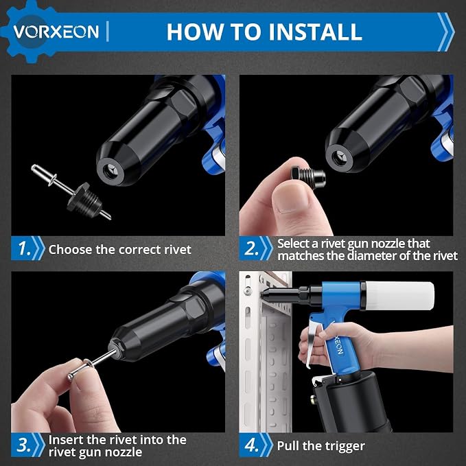 Pneumatic rivet gun Air Riveter 3/32", 1/8", 5/32", 3/16" for Automotive industries Construction Metal maintenance Pulling pressure 3097 lbf
