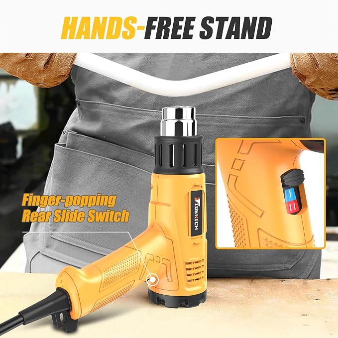 Heat Gun, 1800W Fast Heating with Dual Temp (572°F & 1202°F), Compact Heavy-Duty Design, Rear-Mounted Switch for Steady Operation, Includes 4 Nozzles for Shrink Tubing, Vinyl Wrapping, Crafts