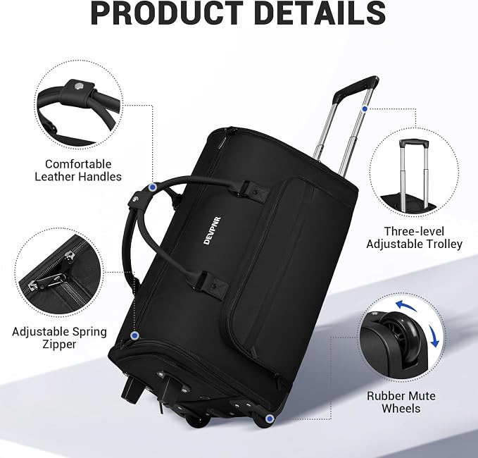 DEVPNR Rolling Garment Bags for Travel, 59L Rolling Duffle Bag with Wheels and Shoe Compartment for Men and Women, 3 in 1 Carry on Convertible Travel Garment Bag with Wheels, Black