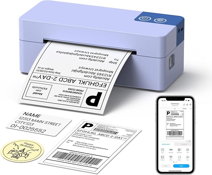 Bluetooth Thermal Shipping Label Printer, 4x6 Portable Direct Thermal Printer, Compatible with iPhone, Android, Windows and Mac, Widely Used for USPS UPS Amazon Shopify Etsy, Purple
