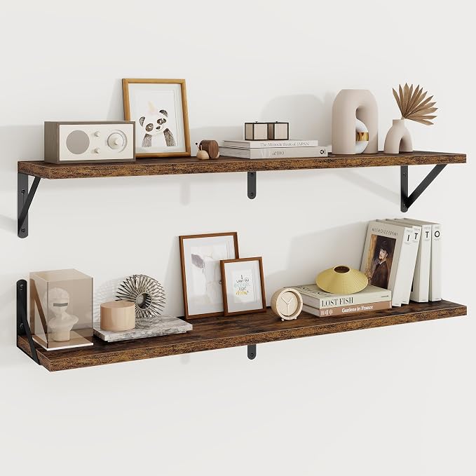 Floating Shelves 8 Inch Deep, 36W x 8D Wall Shelf Set of 2, 60 lbs Heavy Duty Reversible Metal Brackets, Industrial Book Shelf for Living Room Kitchen Bath Bedroom Gallery Wall, Rustic Brown