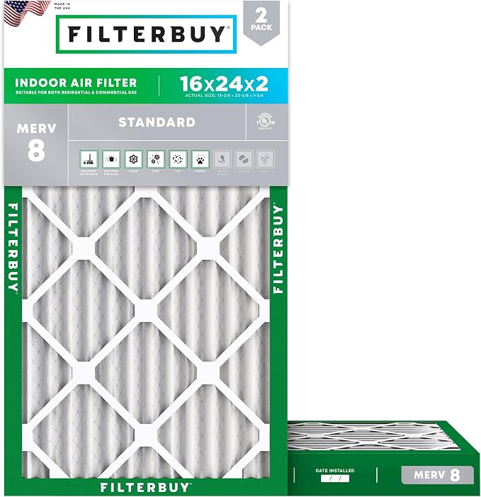Filterbuy 16x24x2 Air Filter MERV 8 Essential Dust & Allergy Defense (2-Pack), Electrostatic Pleated HVAC AC Furnace Filters Replacement, Made in USA (Actual Size: 15.38 x 23.38 x 1.75)