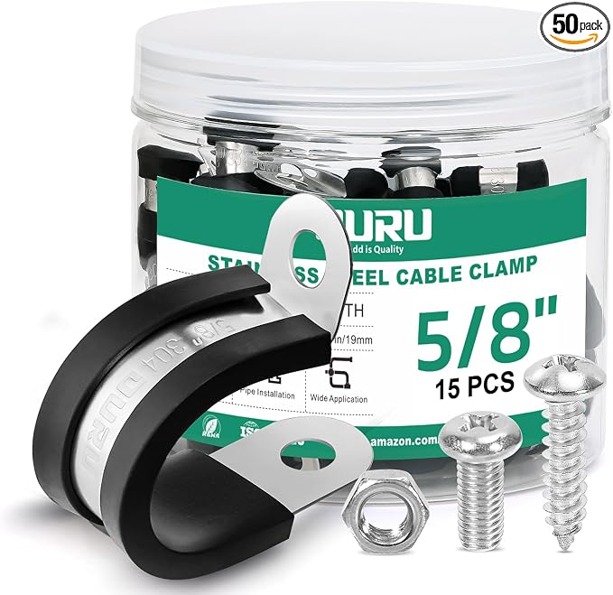 OURU 15PCS 5/8 Inch Cable Clamps with 35PCS Screws Assortment Kit 304 Stainless Steel Rubber Cushioned Insulated Cable Clamp, Automotive Wire Pipe Clamps(16mm)