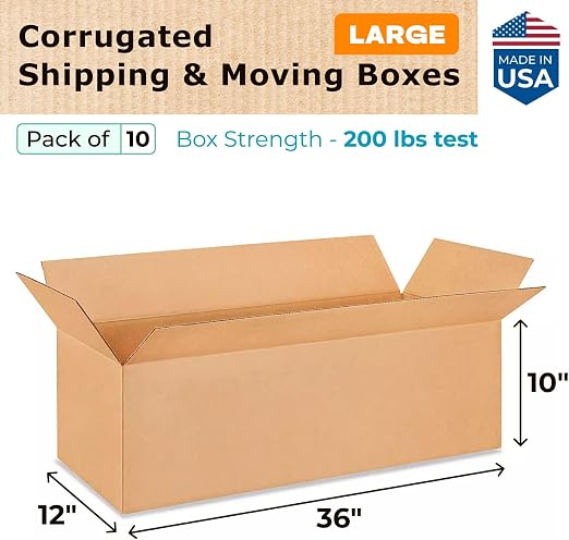 Large Shipping & Moving Boxes 36x12x10 inches (10-Pack) - Extra Strength 200 lb vs Regular - USA-Made Corrugated Boxes for Packaging Moving Stuff - Durable Shipping & Moving Box by IDL Packaging