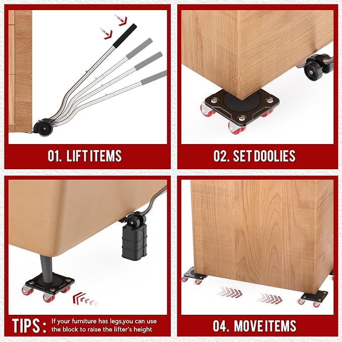 Furniture Movers with 8 Wheels – Upgraded Dual Wheel Design, Carbon Steel Panel Heavy Duty Dolly with Lifter, Max Load 2200 LBS, More Stable & Smoother Moves