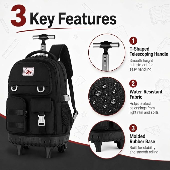 CCJPX Rolling Backpack for Girls Women, 21 inch Roller Wheels School Bookbag, Wheeled Suitcase Backpacks with Lunch Bag for Teen - Black