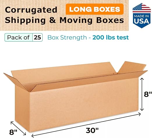 Long Shipping & Moving Boxes 30"L x 8"W x 8"H (25-Pack) - Extra Strength 200 lb vs Regular - USA-Made Corrugated Durable Cardboard Boxes - Cardboard Moving Box - Heavy Duty Box by IDL Packaging