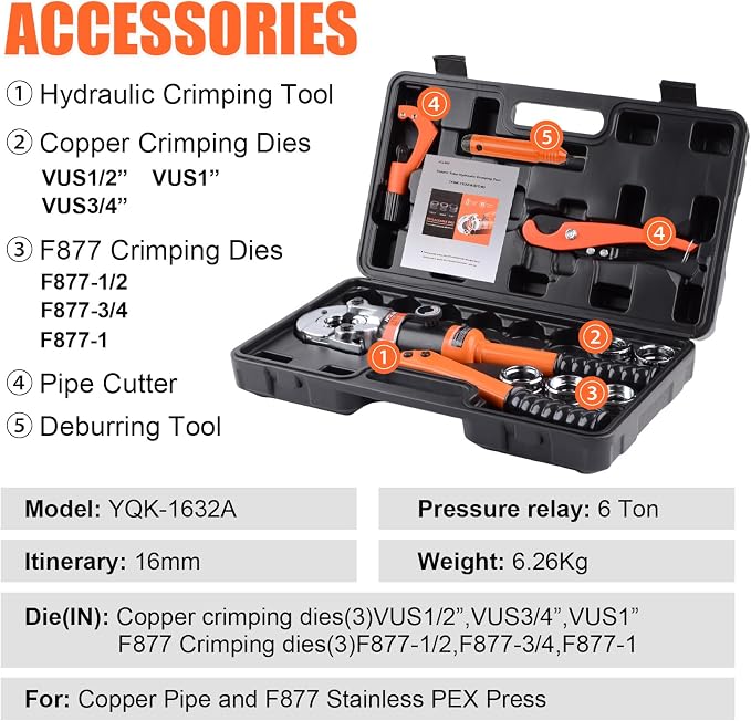 HZLZRZ Pro Press Copper and F877 PEX Crimper Tool Kit with 6 Dies for Copper Pipe 1/2" 3/4" 1" and PEX Press Sleeves 1/2" 3/4" 1", Professional Dual-System Crimping Tool for Plumbing (YQK/1632A)