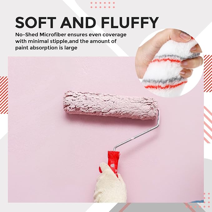 Leumoi 80 Pieces 9 Inch Paint Roller Covers 1/2 x 9 Inch Microfiber Paint Brush Roller Kit Naps House Painting Supplies for Wall House Home Repair Tools(Red Gray Stripe)
