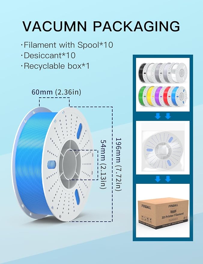 PINBALL PETG 3d Printer Filament 1.75mm High Precision Durable Moisture-Proof Strong Filament Mith Better Flow Dimensional Accuracy +/- 0.02mm Suitable for Most FDM 3D Printers 10 Kilograms Ten Colors