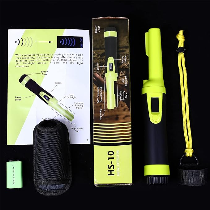 LCD Display Fully Waterproof Pinpoint Metal Detector Pinpointer - 360°Search Treasure Pinpointing Finder Probe for Adults and Kids HS10 Green with Belt Holster