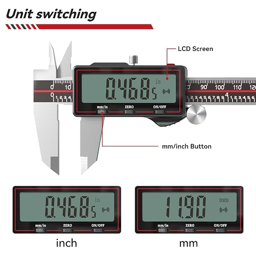 GemRed Wireless Digital Caliper 0-6 Inch/150mm with Data Transfer to Excel/Phone/PC, Stainless Steel Caliper Measuring Tool with Auto-Off, Large LCD Inch/MM for DIY/Household/3D-printing