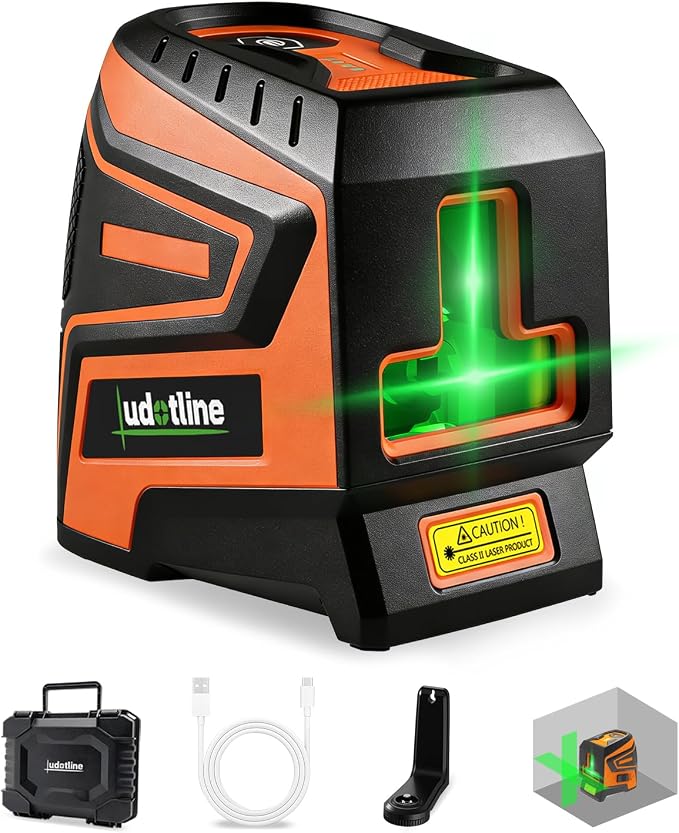 Lasers Level, 2-Line Green Self-Leveling Cross Line Laser, USB-C | Auto self-levels in 2 seconds with ±3mm accuracy at 10m. Manual mode supports angled layouts and custom projects