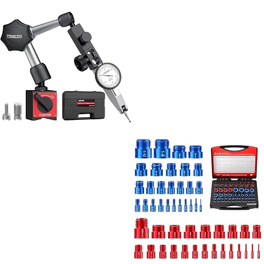 XUNTOP Precision Machining & Assembly Kit: 0.03" Dial Test Indicator with 90lbs Magnetic Base & 50PCS Thread Checker Set, 27SAE/23Metric Gauges, for CNC, Lathe, Auto Repair, DIY Workshop