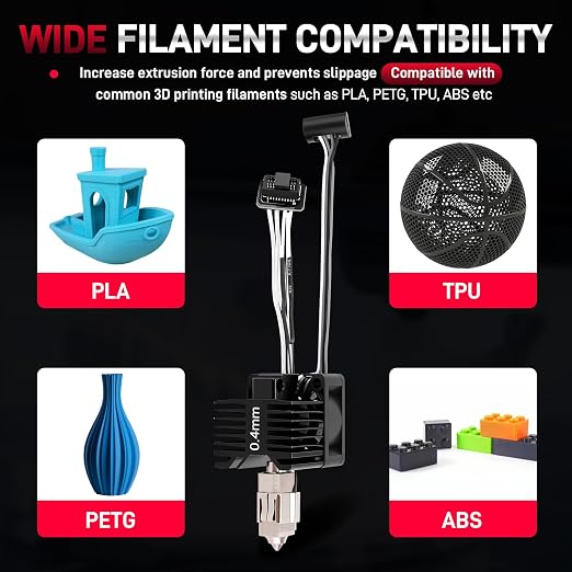 0.4mm Hardened Steel Hotend Kit Compatible with Bambu Lab P1P / P1S 3D Printers, 0.4 mm Nozzle, Complete Assembly with Cooling Fan, Ceramic Heater & Thermistor, Supports Up to 300°C