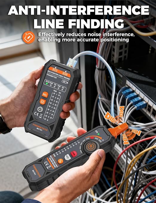 MCT01 4-in-1 Network Cable Tester – POROMETISTO Ethernet Tester with PoE, NCV, Tone Tracing & Flashlight, RJ11 RJ45 Wire Tracer for Cat5/Cat6 Continuity, Telephone Line Polarity, Electrician Tool Kit