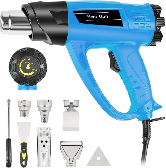 Heat Gun 1800W 140℉~1112℉ (60℃-600℃) Fast Heating Heavy Duty Hot Air Gun Kit with Variable & Dual Temperature Settings, Overheat Protection, 5 Nozzles for Crafts, Shrinking PVC, Stripping Paint