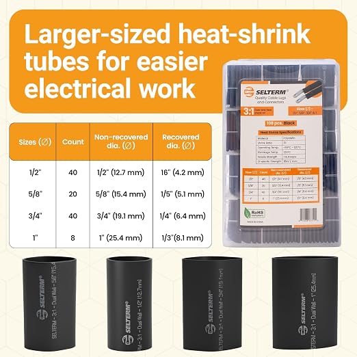 SELTERM Large Size Marine Grade Heat Shrink Tubing Kit 1, 3/4, 1/2, 5/8 Inch Assortment, 3:1 Dual Wall Adhesive Lined, for Battery Cable Lugs Wire Terminal Connectors - Black [108 pcs]