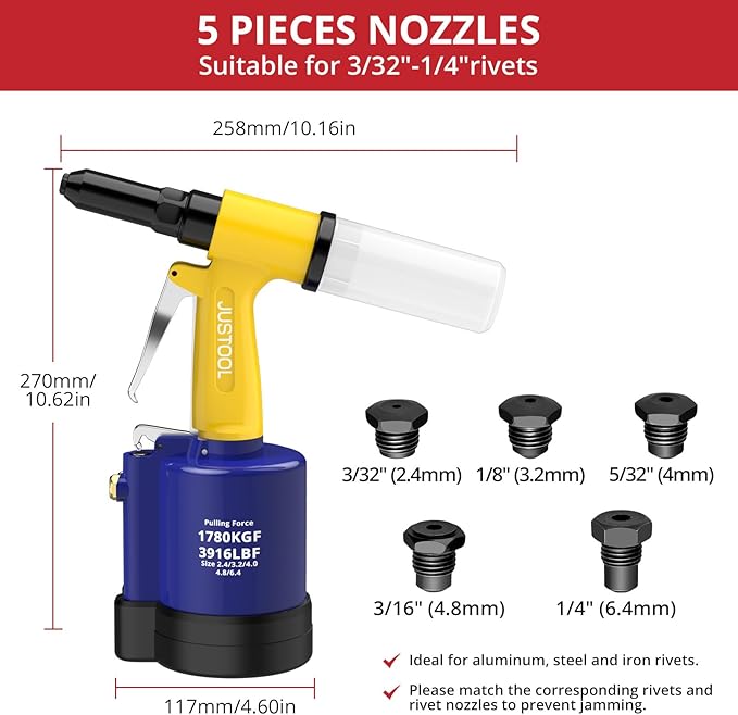 JUSTOOL Heavy Duty Pneumatic Rivet Gun 3916 LBF Air Rivet Gun-3/32", 1/8", 5/32", 3/16", 1/4" Air Riveter with NPT 1/4 inch Air Hydraulic Riveter for Automotive Construction Maintenance Industries DIY