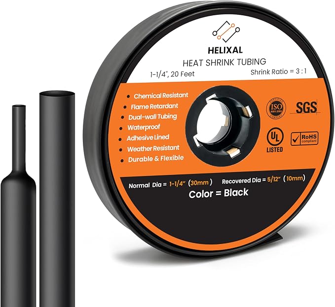1.25" Heat Shrink tubing, 3:1 Ratio Wire Heat Shrink Tubing Industrial and Marine Grade, Dual Wall Adhesive Lined Wire Shrink Wrap Tubing, Waterproof Heat Shrink Tube - Black, 20 Feet Roll