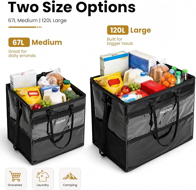 Rolling Grocery Bag with Wheels, 120L Foldable Shopping Cart Bag with Wide Shoulder Straps, 5 Detachable Wheels, Buckle Storage Strap, Large Reusable Utility Tote for Groceries (Black, Large)