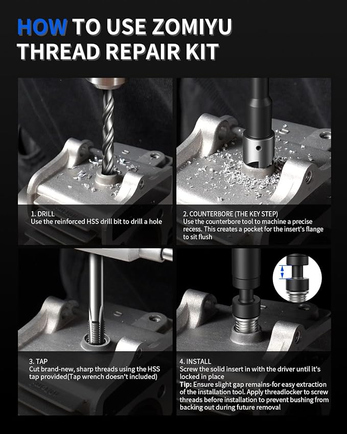 M8x1.0 Metric Thread Repair Kit, with HSS Drill, HSS Tap, Counterbore, Installation Driver, M8x1.0MM 10 pcs 304 Stainless Steel Inserts (11.7mm Length)
