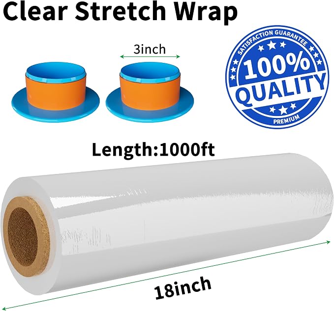 2Pack 18inx1000Ft 80Gauge Industrial Stretch Wrap Film for Pallet Heavyduty | stretch wrap Film-800% stretch secures pallets,furniture & fragile items firmly,perfect for moving,storage,warehouse,shipping