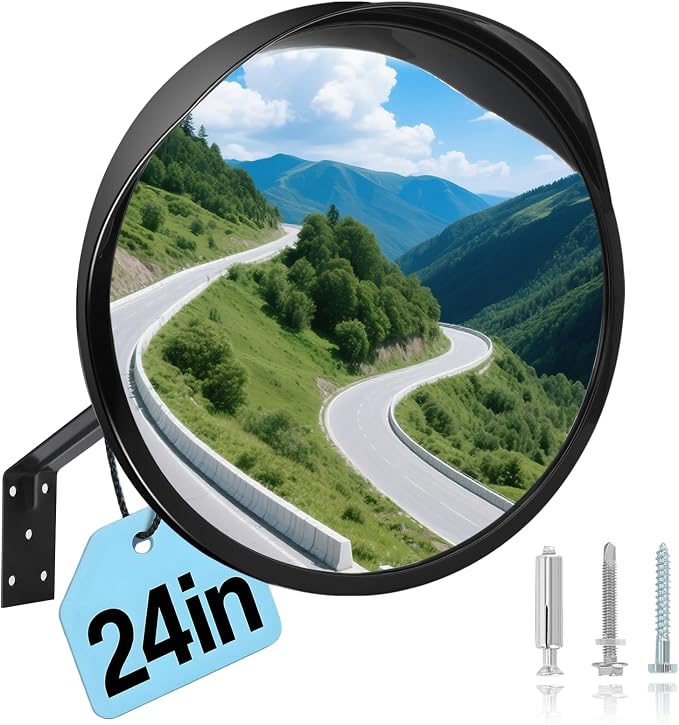 24" Unbreakable Convex Traffic Mirror – Adjustable Bracket, Wide-Angle Security Mirror for Retail Store, Garage, Warehouse, Blind Spot, Office, Parking Lot, Blind Spots Outdoor