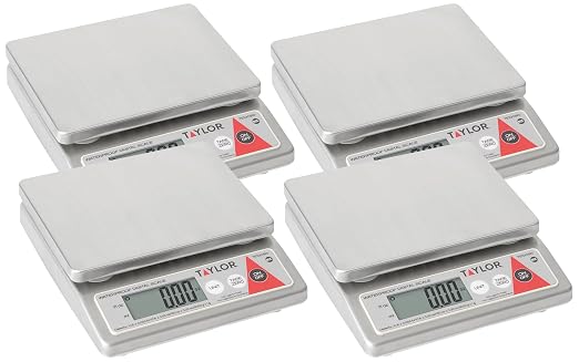 Taylor TE10CSW 10-Pound Water Resistant Digital Portion Control Scale, Multi-Functional Food Scale for Precise Weight Measuring and Portion Control, Tare Function, NSF, Stainless Steel(Pack of 4)