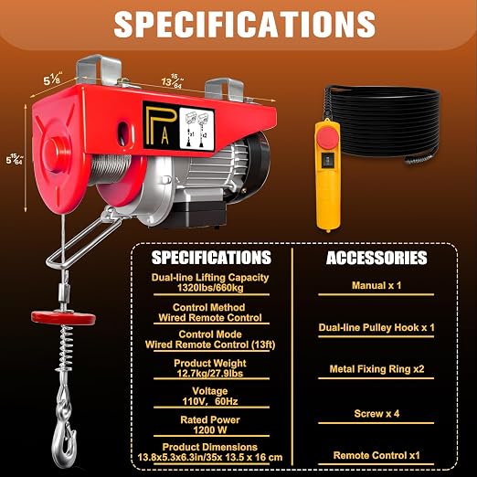 Electric Hoist, 13ft Wired Remote Control,1320LBS Electric Winch with Emergency Stop, 39.4ft Single Cable Lifting Height, 110V Electric Lift for Factories,Warehouses