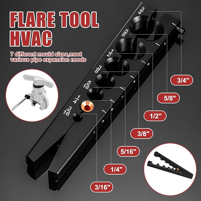 7 Pcs Eccentric Tubing Flaring Tool Kit 7 Dies for 3/16-3/4 inch, 3 in 1 180 Degree Tubing Bender, Spring Tube Bender Set for Pipe 1/4 5/16 3/8 1/2 and 5/8 Inch for Refrigeration Brake Line