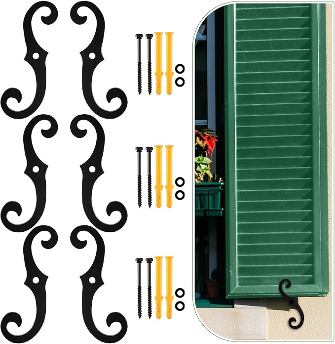 MorningRo 6 Pack Black S Style Shutter Dogs 6.5 Inches Shutter Dog Holders with Mounting Hardware External Shutters Tieback for Exterior Decorative (Aluminum)