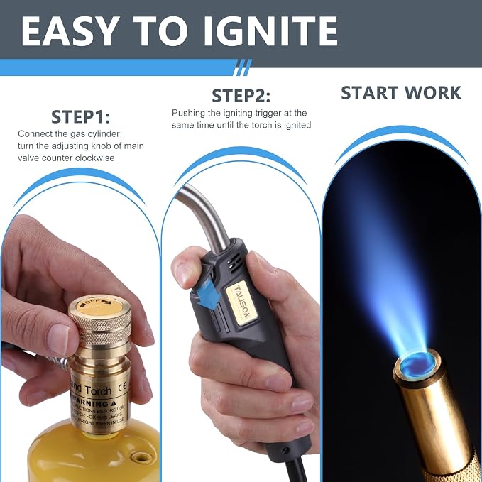 MAPP Map Gas Torch Kit with Self-Ignition - Soldering Propane Torch with 4.9ft Hose, 25,000 BTU Flow Head, CGA600 Compatible for Brazing Pipe Welding HVAC Plumbing DIY